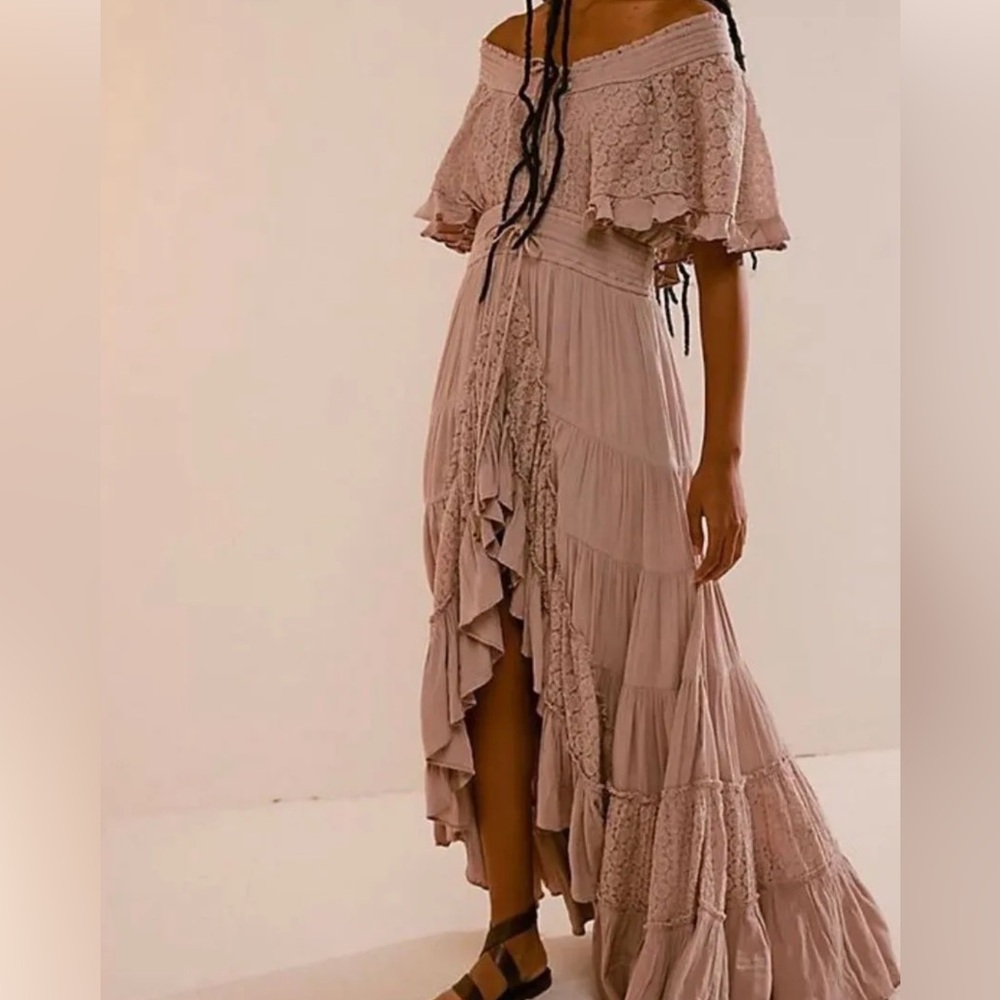 Free People Pink Off-Shoulder Maxi Dress in the color cashmere